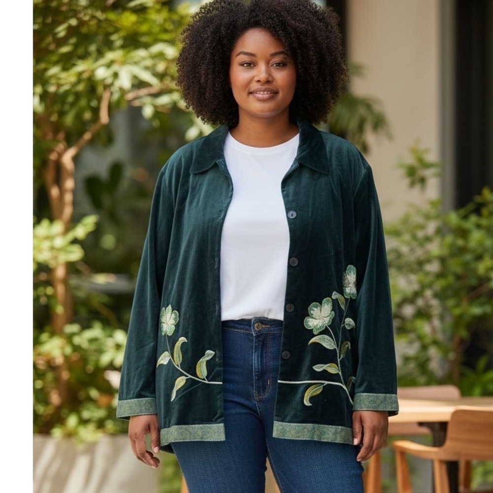 Jessica Holbrook Velvet Jacket Womens 2X Teal Green Floral Embroidered Excellent